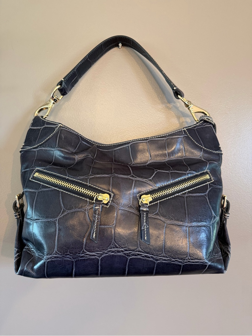 Dooney & Bourke Croc Embossed Leather Shoulder Bag with‎ Gold hardware.